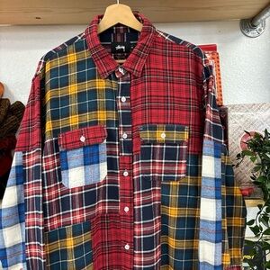 ⭐️Stüssy Red and Blue Casual Button Down Shirt Patchwork Design